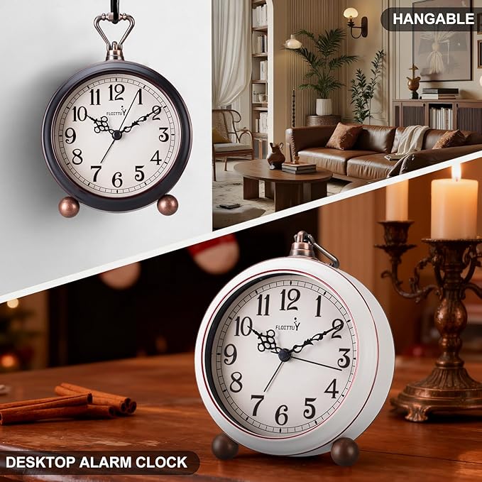 FLOITTUY 4.5" Battery Operated Antique Retro Analog Metal Alarm Clock, Silent Bedside Desk Clock, Wall-Hanging Vintage Clock(Vintage Black)