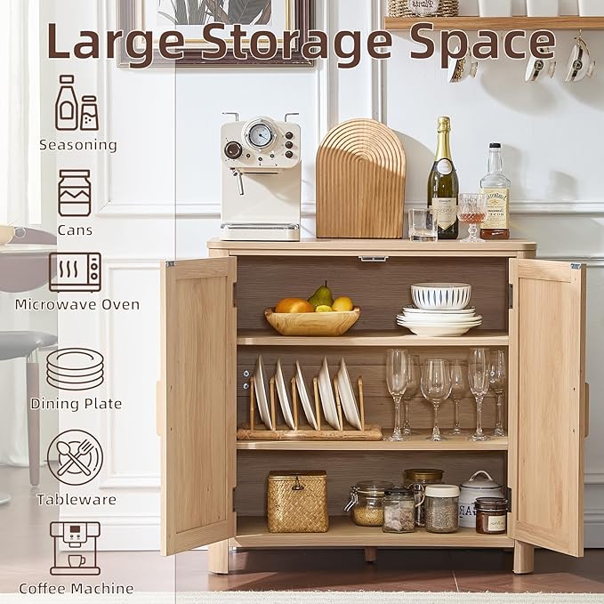 Sideboard Buffet Cabinet with Storage, 31.5" Arc-Shaped Credenza with 2 Doors & Adjustable Shelves, Mid Century Modern Coffee Bar Cabinet for Kitchen, Living Room, Entryway, Natural