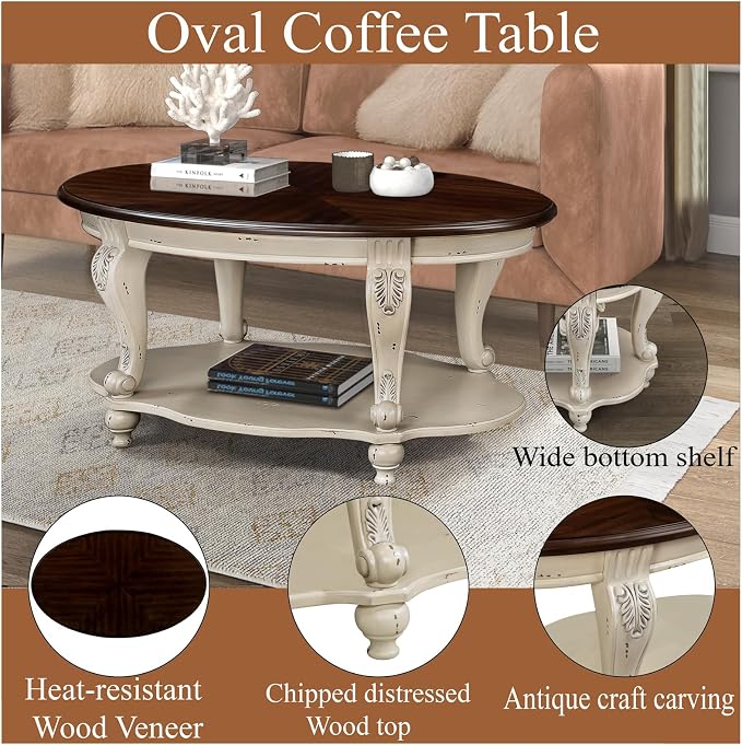 42'' Oval Wood Coffee Table for Living Room, Mid Century Farmhouse Circle Coffee Tables for Apartment, Easy Assembly Traditional Coffee Table Centre Table Retro Cocktail Table, Beige&Cherry