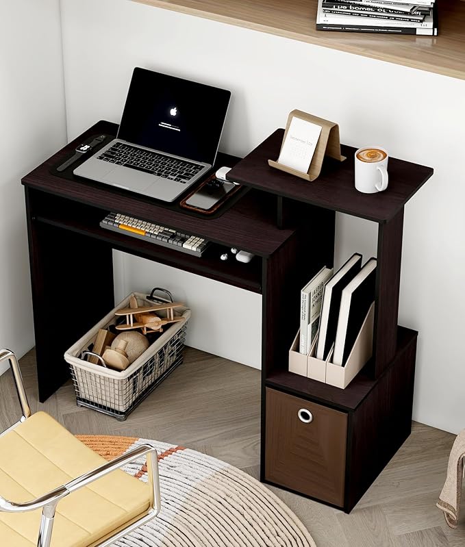 Small Computer Desk for Bedroom, Home Office Desk with Drawers Storage Shelves for Living Room Study Bedroom, Dark Walnut/Brown