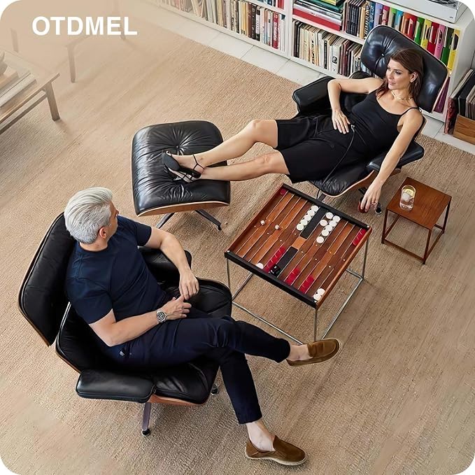 Top Black Grain Leather, Mid Century Chaise Lounge Chair and Ottoman, Modern Chair Classic Design, Walnut Wood, Heavy Duty Base Support for Living Room Office