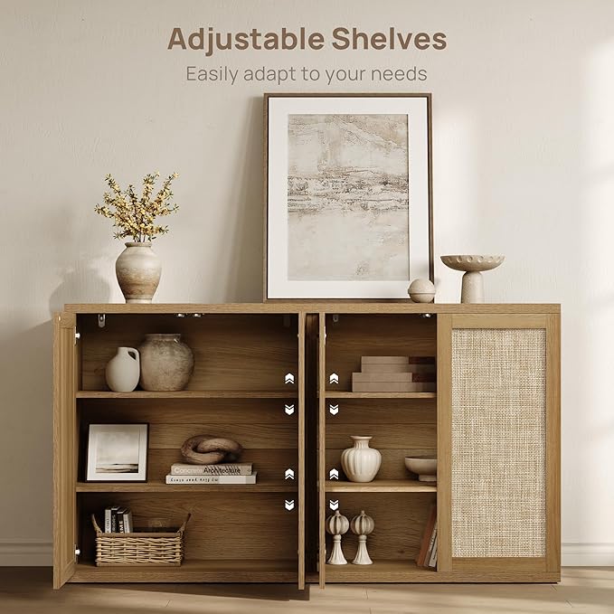 SICOTAS Rattan Sideboard Buffet Storage Cabinet - Farmhouse Boho Coffee Bar Cabinet with Adjustable Shelves, Large Console Table Credenza Stand for Living Room, Dining Room, Entryway, Oak (3 PCS)