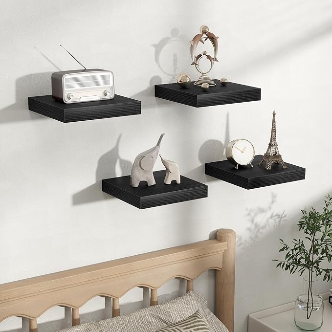 Fun Memories Floating Shelves for Wall, Rustic Wood Wall Mounted Shelves for Bathroom, Bedroom, Living Room & Kitchen, Storage Display Shelves, (Set of 4, Black, 9.3 in)