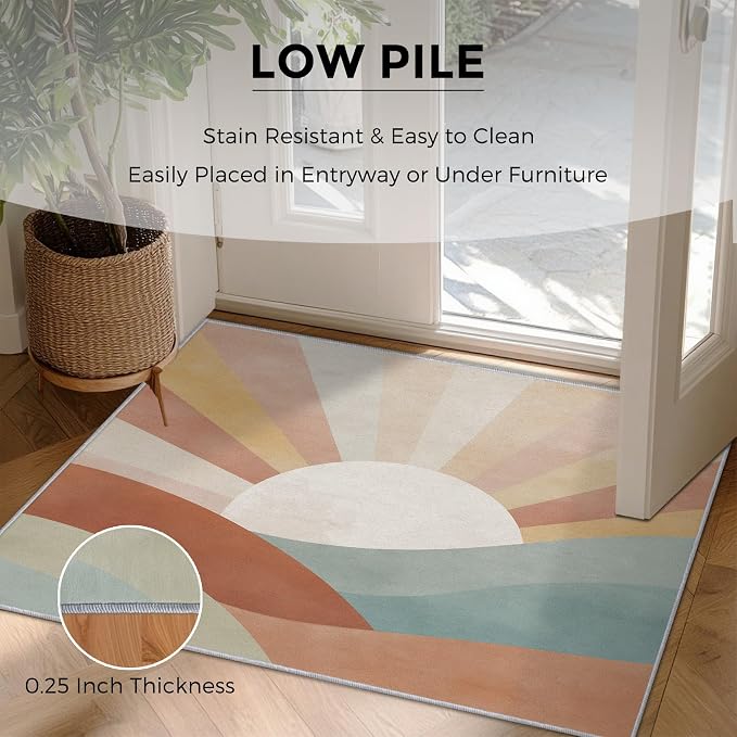3x4 Boho Sun Rugs for Bedroom Decor, Washable Retro Sunrise Pattern Area Rug, Living Room Home Decoration, Non Slip Soft Thin, Mid Century Modern Decor Carpet PF-P 117