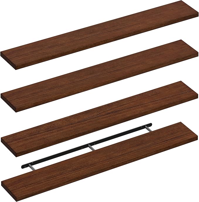 IEO Long Wooden Floating Shelves for Room Wall, Natural Wood Floating Shelves Wall Mounted Kitchen Shelf for Living Room, Bedroom, Kitchen,Bathroom, Storage (Walnut, 60in 4tier)