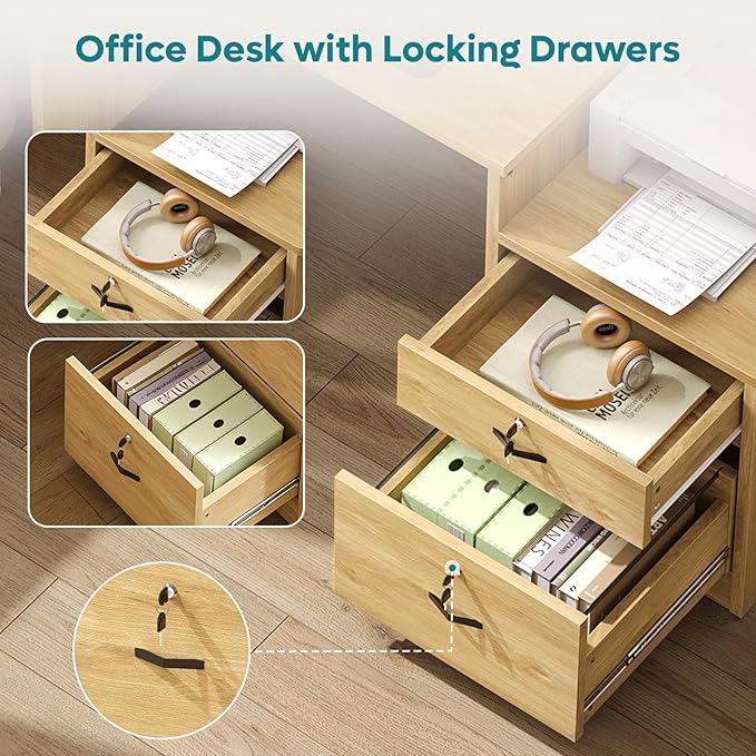 Bestier 55" Computer Desk with Power Outlets & LED Lights, Home Office Desk with Lockable File Drawer & Printer Shelf, Monitor Stand, Modern Workstation for Gaming Study, Natural Oak