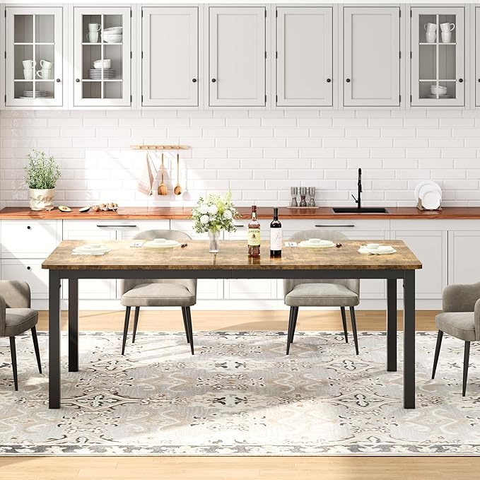 79 Inch Industrial Dining Table for 4-6 Person Rectangle Kitchen Table with Metal Legs,Round Corners, Writing Desk, for Modern Farmhouse, for Kitchen, Dining Room,Quick Assembly, Wood