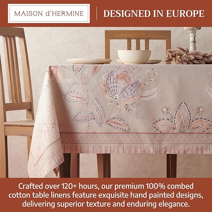 Maison d' Hermine Premium Table Cloth Rectangle Table 100% Combed Cotton 108 x 70 Inches Tablecloth Reusable Decorative for Dining Room, Farmhouse, Home, Party, Festive & Wedding - Society Florals