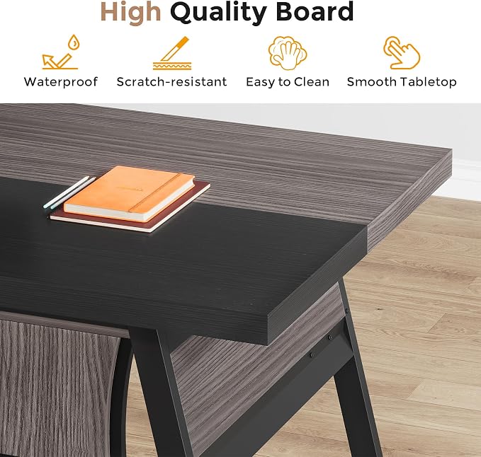 63-inch Executive Desk with Storage Shelf, Large Home Office Desk with Metal Frame & LED Light, Long Computer Desks for Home Office, Gray and Black