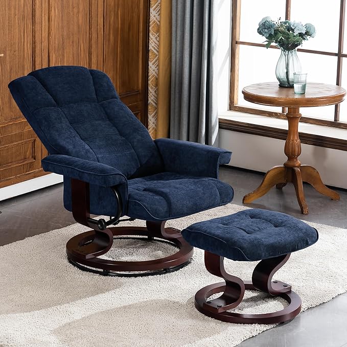 MCombo Manual Swivel Recliner with Ottoman, Chair Ottoman Set for RV Small Spaces, Living Room, Bedroom, Office 9019 4919 (Textile, Blue)