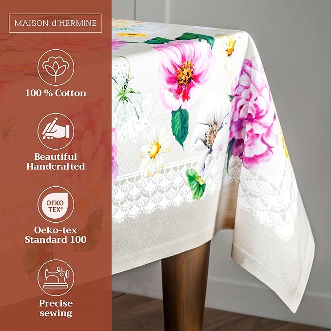 Maison d' Hermine Table Cloth Rectangle Table 100% Cotton 60 x 120 Inches Tablecloth Reusable Decorative for Dining Room Farmhouse Home Valentines Day Decorations Spring Summer - Pivoine