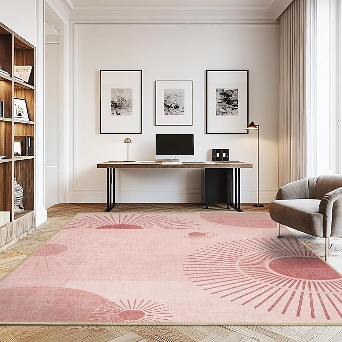9x12 Large Area Rug for Living Room Sun Rug Mid Century Modern Rugs Machine Washable Boho Geometric Rug Non Slip Printed Low Pile Indoor Floor Carpet for Dining Room Bedroom Office,Pink