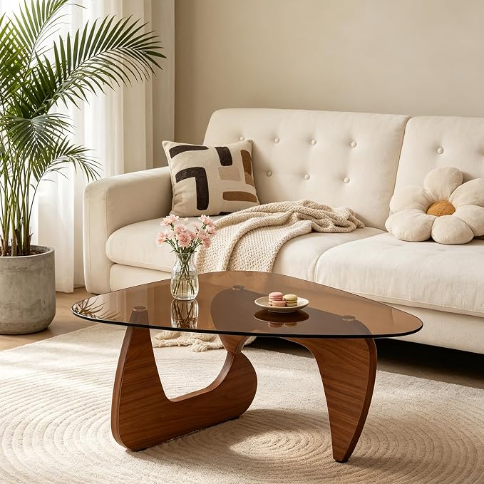 43.3'' Modern Brown Glass Coffee Table with Geometry Base, Irregular Shape Coffee Table for Living Room Office, Brown Finish Wood Base, Mid-Century Style Cocktail Center Table for Small Space