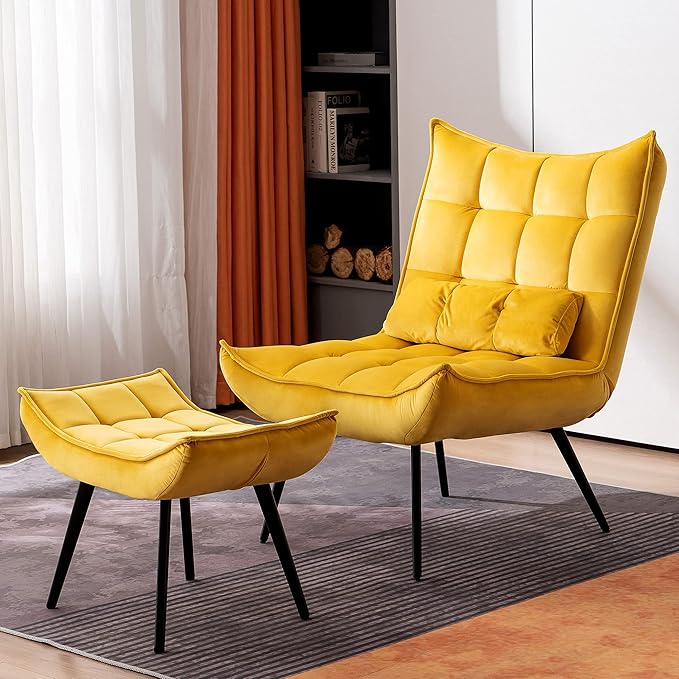 MCombo Accent Chair with Ottoman, Modern Velvet Wingback Lounge Chair, Upholstered Club Chair for Small Space, Living Room & Bedroom 4079 (1, Yellow)