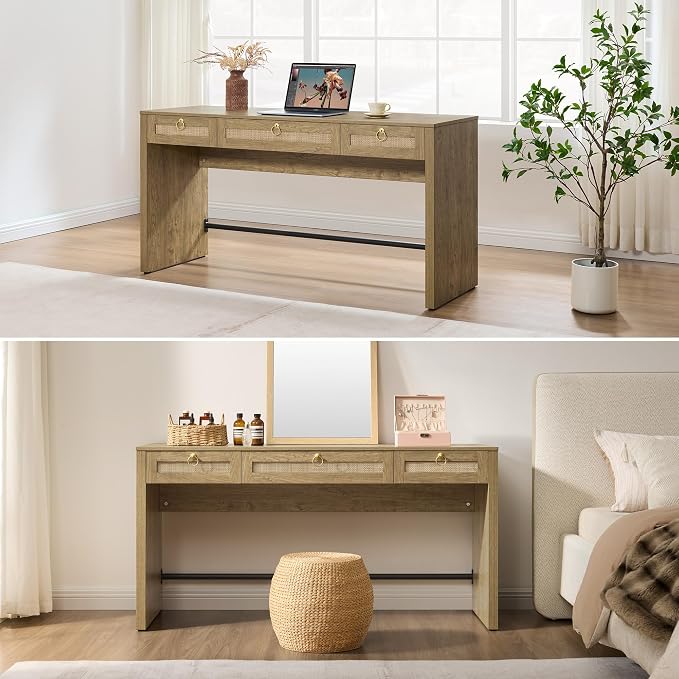 SICOTAS 60" Rattan Computer Desk Writing Table with Storage: Long Home Office Desk with 3 Drawers, Farmhouse Executive Desk Console Table for Living Room, Office (Carbon Cherry, 1 Piece)