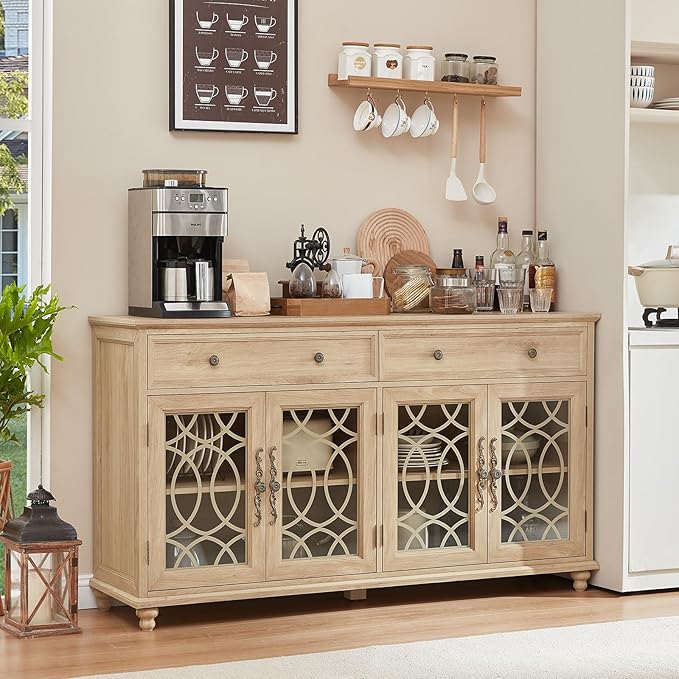 Large Sideboard Buffet Cabinet with Storage,59" Credenza with 4 Glass Doors & 2 Drawers,Adjustable Shelves Coffee Bar,Wood Kitchen Console Table for Dining Room,Living Room,Natural