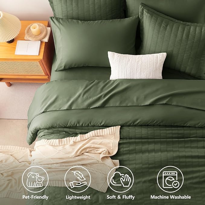 CozyLux Oversized King Comforter Set with Sheets, 7 Pieces 120"x98" Olive Green Seersucker Bed in a Bag, Luxury Soft Bedding Set with Down Alternative Comforter, Sheets, Pillowcases & Shams, Home Gift