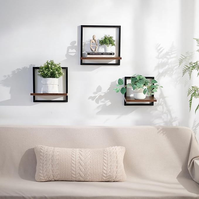 Wall Shelves for Living Room - Set of 3 Geometric Decorative Floating Shelf for Home Decor - Modern Industrial Wall Mounted Shelving Unit for Bedroom Bathroom Corner (Rustic Brown and Black)