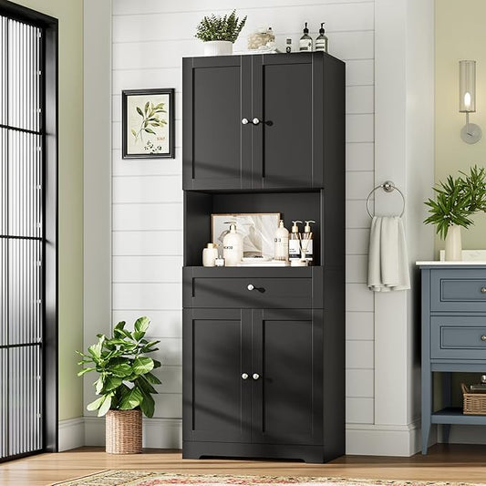 HIFIT Tall Bathroom Storage Cabinets, Modern Linen Storage Cabinet with 4 Doors & Shelves & Drawer, 67" H Tall Storage Cabinet Freestanding for Bathroom, Living Room, Kitchen & Dining, Pantry, Black | Modern, 4 Doors, Shelves, Drawer, Tall Storage Cabi...