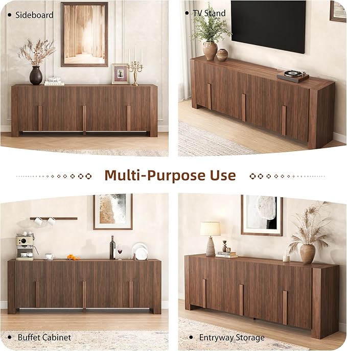 Fluted Sideboard Buffet Cabinet with Storage Cabintes, Farmhouse Storage Credenza Cabinet with Shelves, 78.75" Large Coffee Bar TV Stand for Living Room Kitchen Dining, Walnut