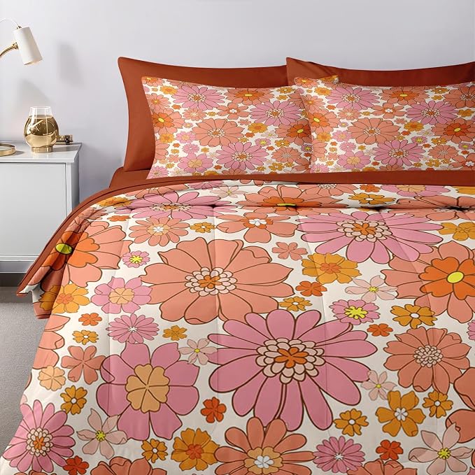 Nesker 5 Pcs Comforter Set Twin Size, Retro Vintage Pink Bedding Set for Kids and Adults, Orange Floral Flower Bed Sheet Sets with Fitted Sheet Pillowcases & Shams