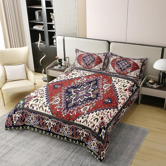100% Organic Cotton Tribal Pattern Duvet Cover Queen Exotic Geometric Lattice Bedding Set Set Boho Red Green Square Grid Quilt Cover Retro Bohemian Room Decor National Abstract Quilt Cover