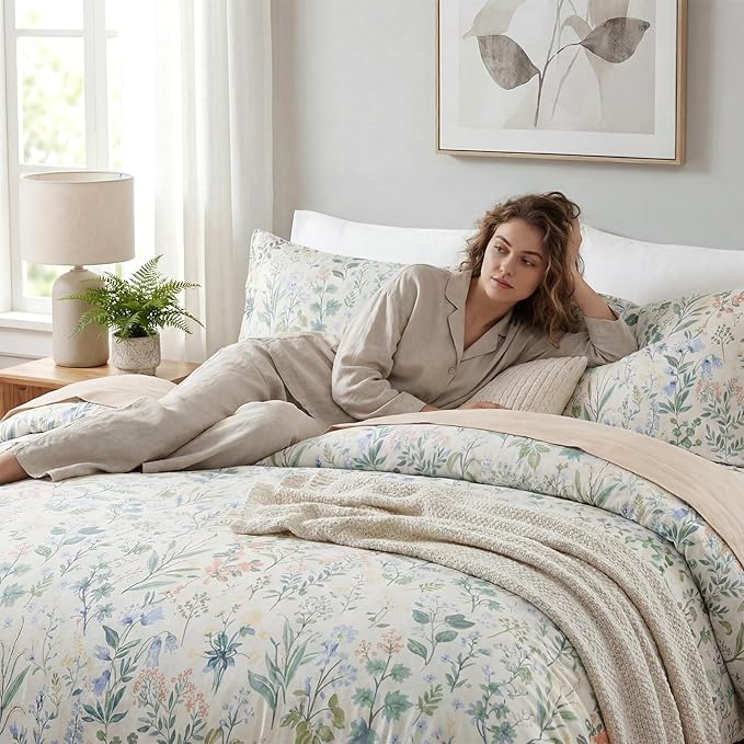 Duvet Cover Full Size 100% Cotton Comforter Cover Green Floral Breathable Duvet Cover with Zipper Closure & Corner Ties 3 Pcs Green Fragrant Grass Duvet Cover Set