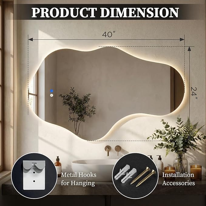 Irregular LED Bathroom Mirror with Lights, Backlit Vanity Mirror for Wall, Asymmetrical Wall Mirror, 3 Color Dimmable Anti-Fog Smart, Decorative Mirror for Bathroom, Entryway(24″ x 40″, 2 Pack)