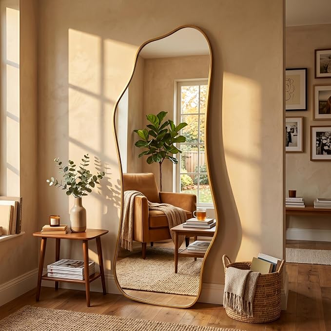Mirror Full Length - Irregular Full Body Mirror Standing or Leaning or Wall Hanging 62.2"x 22.8" Asymmetrical Aviation Aluminum Alloy Frame Unique for Bedroom, Living Room, Cloakroom, Entryway