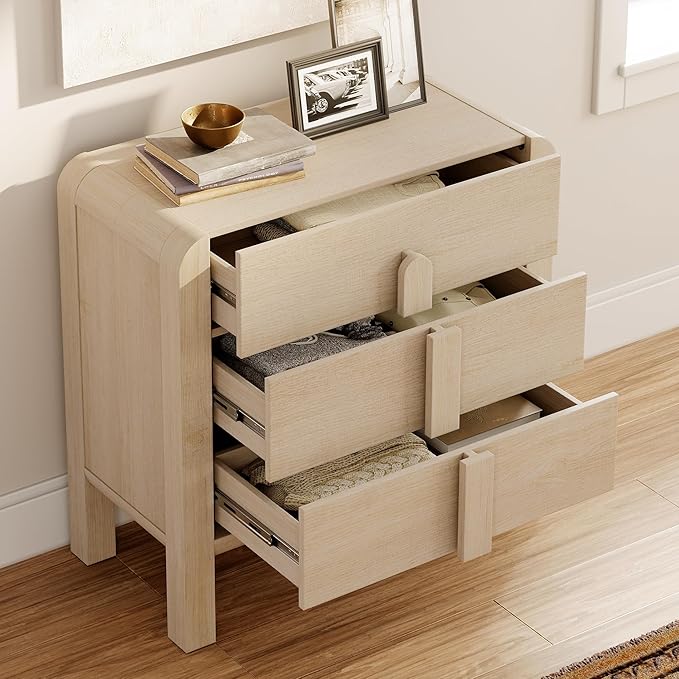 WAMPAT Sideboard Buffet Cabinet with Storage with 3 Drawers,Modern French 31.5" W Buffet Cabinet with Storage,Wood Coffee Bar Cabinets with Curved Edge Design for Kitchen Living Room,Light Oak