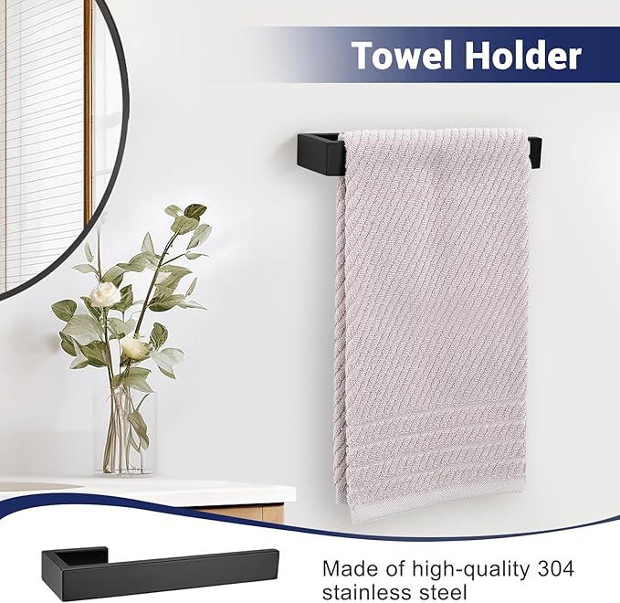 Matte Black Bathroom Hardware Set, 4-Piece Bath Towel Bar Set SUS304 Stainless Steel Towel Rack Set for Bathroom, 23.6 inches Bathroom Towel Holder Set Wall Mounted