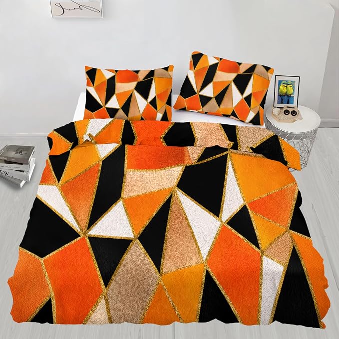 Geometric Marble Duvet Cover California King, Abstract Marble Texture Bedding Set 3 Piece, Modern Black Orange Brown Patterned Comforter Cover with Zipper Soft Microfiber, 2 Pillowcases