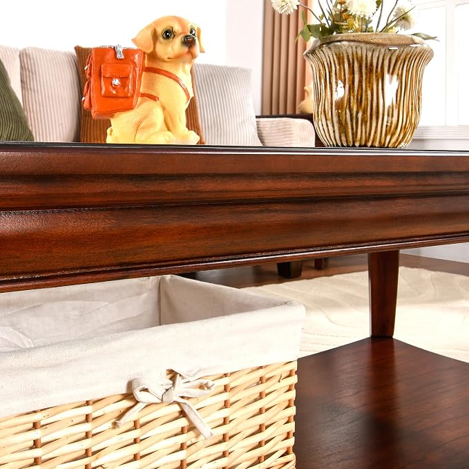 LEEMTORIG Vintage Glass Top Coffee Table for Living Room, 47 inches Rectangular 2-Tier Wood Coffee Tables with Storage Shelf, Traditional Mid Century Queen Anne Style Cocktail Table KFZ-A1168-GT