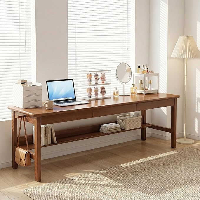 63" Long Solid Wood Writing Desk with 3 Drawers, Mid-Century Modern Desk, Home Office Computer Desk with Storage Shelf, Simple Simple Study Table, Work Desk Station (Walnut, 63" x 23.6" x 29.5")