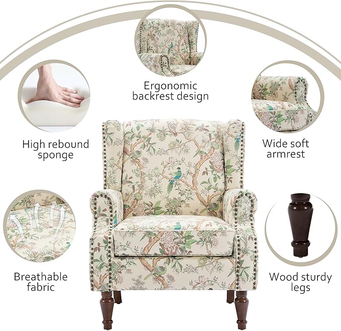 Lumibee High Back Accent Chair Set of 2, Armchair in Fabric,Comfy Upholstered Wingback Single Sofa Reading Chairs with Solid Wood Legs for Living Room,Bedroom,Office-Bird