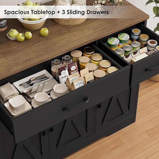 HOSTACK Buffet Sideboard Cabinet with Drawers, 55" Large Buffet Storage Cabinet with Shelves and Doors, Modern Farmhouse Coffee Bar Station for Kitchen, Dining Room, Black/Rustic Brown