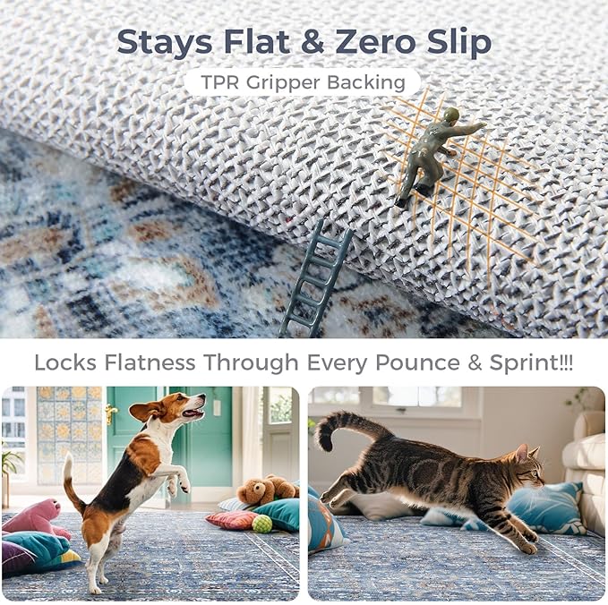 OPPODREAM Vintage Blue 3x10 Runner Rug, 3 x 10 Retro Washable Rug Non Slip, Low-Pile Faux Wool Carpet, Distressed Navy Floor Mat for Kitchen, Hallway, Entry-Way, Entrance, Indoor Back Door