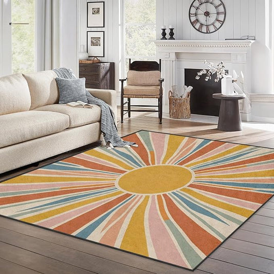 Area Rugs 5'x7' Washable Rug, Boho Retro Sunburst Stain Resistant Non Slip Backing Vintage Sunshine Carpet for Living Room Bedroom Dining Room