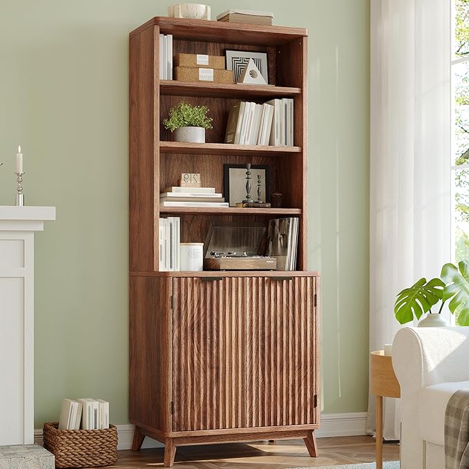 DurayLoly 6-Tier Bookshelf, Modern Bookcase with Fluted Doors & Adjustable Shelves, Mid-Century Cabinet, Wooden Book Shelf for Home Office, Living Room, Kitchen, Walnut