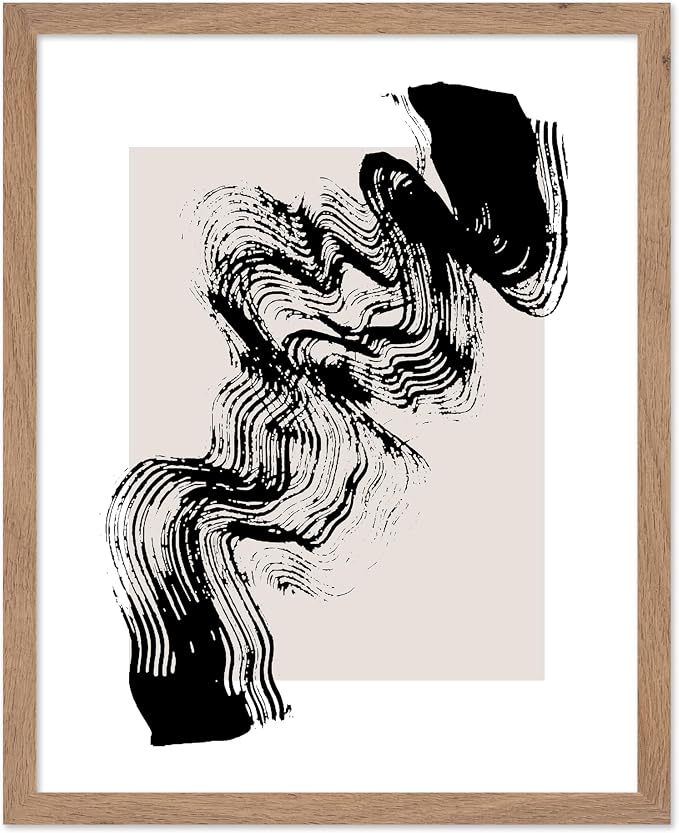 Poster Master Brush Waves Poster - Black Brush Wave Stroke Print - Abstract Design - Drawing Artwork - Mid Century Modern Art - Minimal Design - Living Room or Bedroom Wall Decor - 8x10 Beige Framed