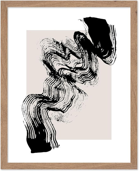 Poster Master Brush Waves Poster - Black Brush Wave Stroke Print - Abstract Design - Drawing Artwork - Mid Century Modern Art - Minimal Design - Living Room or Bedroom Wall Decor - 8x10 Beige Framed