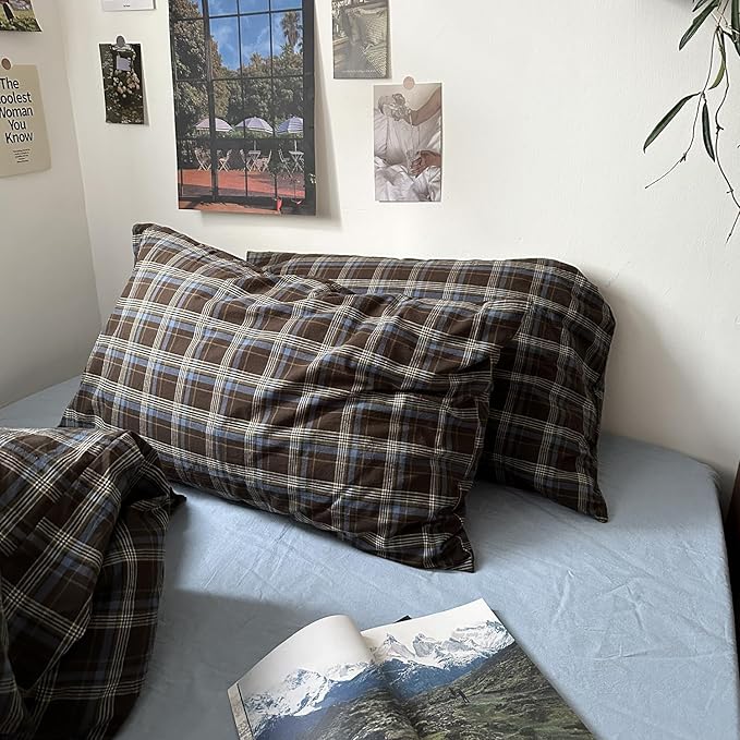 mixinni Vintage Buffalo Plaid Duvet Cover Set California King, 3 Piece Washed Cotton Bedding Set with Grid Pattern, Soft & Breathable Duvet Cover with Pillowcases for All Seasons,(Brown & Blue,Beige)