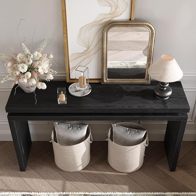 Wood Console Table, 60" Retro Narrow Long Sofa Table Behind Couch with Double Board Suspension Design and Solid Wood Finish for Hallway Entryway Living Room Entrance, Black