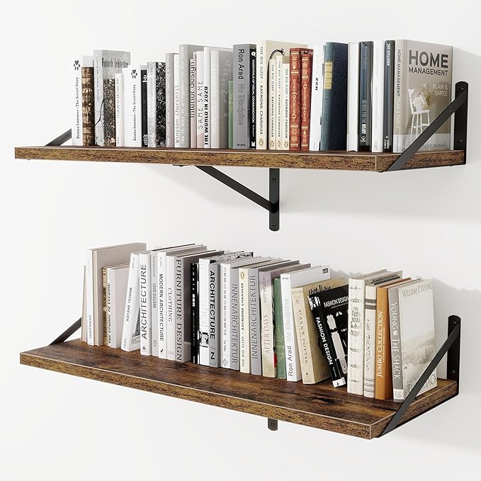 Deep Wall Shelves 36"W x 12"D Engineered Wood Floating Shelves for Wall, Sturdy Metal Bracket Bookshelves Home Decor Storage for Living Room Bedroom Bathroom Kitchen, Set of 2, Rustic Brown Finish