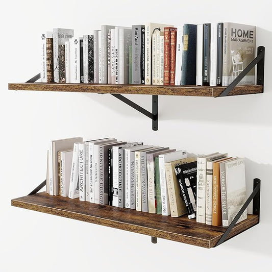 Deep Wall Shelves 36"W x 12"D Engineered Wood Floating Shelves for Wall, Sturdy Metal Bracket Bookshelves Home Decor Storage for Living Room Bedroom Bathroom Kitchen, Set of 2, Rustic Brown Finish