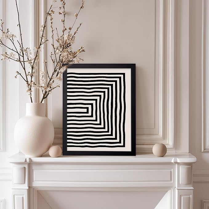 Poster Master Japanese Ink Poster - Rectangle Tunnel Print - Geometric Illustration - Abstract Illustration - Line Artwork - Mid Century Modern Art - Minimal Living Room Design - 8x10 Black Framed
