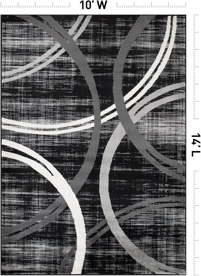 Rugshop Modern Wavy Circles Design Area Rug, Non-Shedding Carpet for Living Room, Primary Bedroom, or Dining Room, Grand Room,Open Spaces Black, 10' x 14'