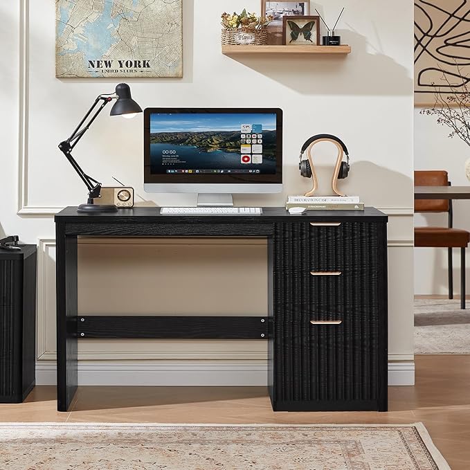 LEYAOYAO Office Desk 48" with 3 Drawers Storage File Cabinet Wood Fluted Desk for Computer Office Bedroom Home Furniture Black