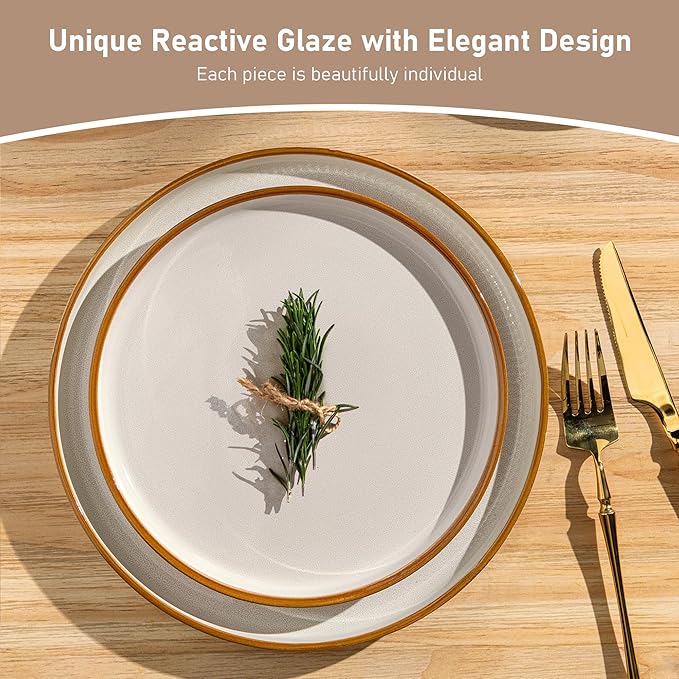 GBHOME 18-Piece Stoneware Dinnerware Set for 6 – Ribbed Ceramic Plates and Bowls, Scratch-Resistant, Microwave & Dishwasher Safe, Reactive Glaze, White with Honey-Brown Edge