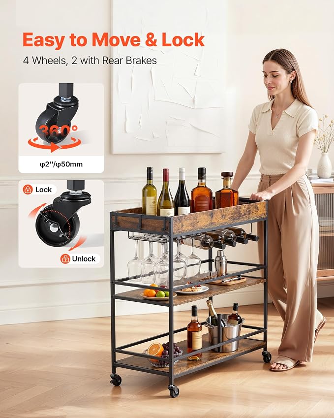 VEVOR Bar Cart, 3 Tiers Home Kitchen Serving Carts, Industrial Rolling Utility Station on Wheel, Mobile Drink Beverage Shelf with Wine Rack & Glass Holder, 34.64x14.17x32.68 in, Rustic Brown and Black